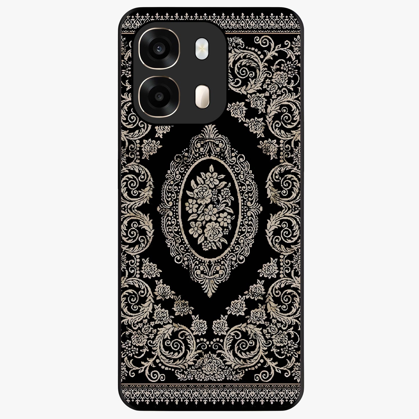 Noir Bloom Elegance Glass Case showing flat back view with elegant dark floral artwork and glossy glass finish.
