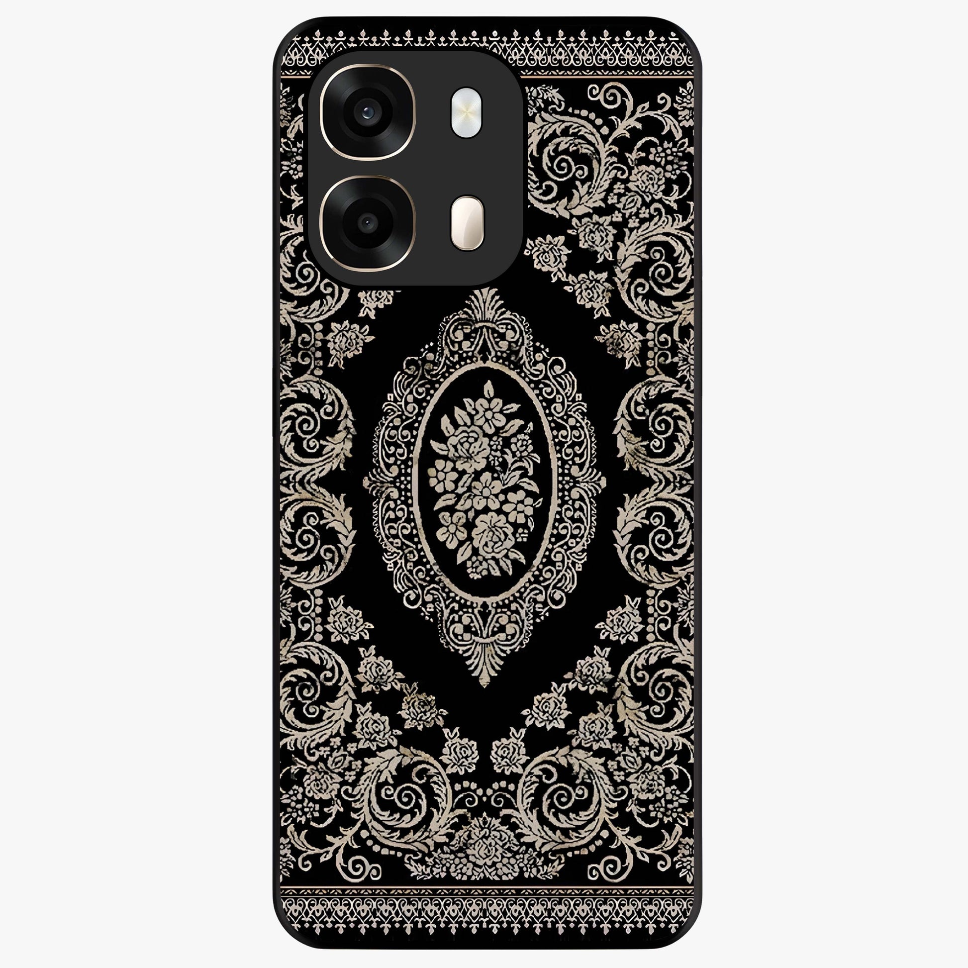 Noir Bloom Elegance Glass Case showing flat back view with elegant dark floral artwork and glossy glass finish.