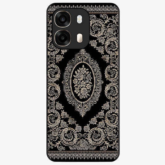 Noir Bloom Elegance Glass Case showing flat back view with elegant dark floral artwork and glossy glass finish.