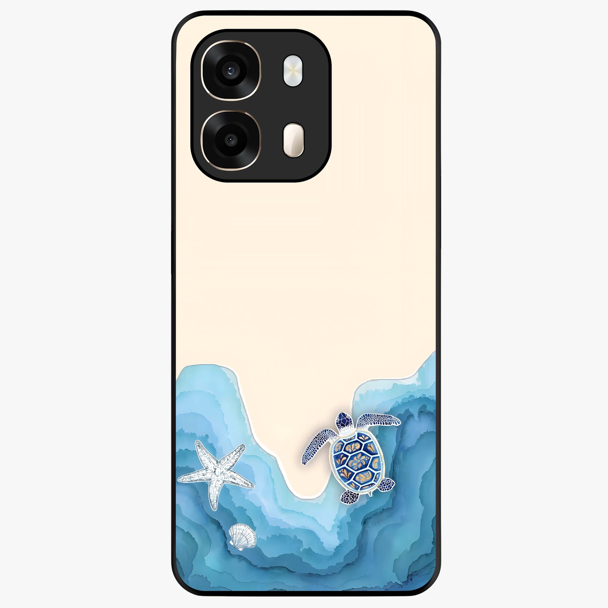 Ocean Drift Turtle Glass Case showing flat back view with sea turtle artwork and glossy glass finish.