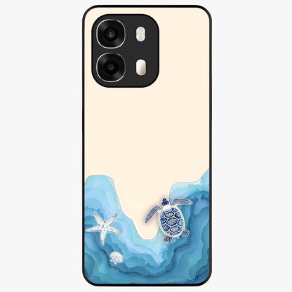 Ocean Drift Turtle Glass Case showing flat back view with sea turtle artwork and glossy glass finish.