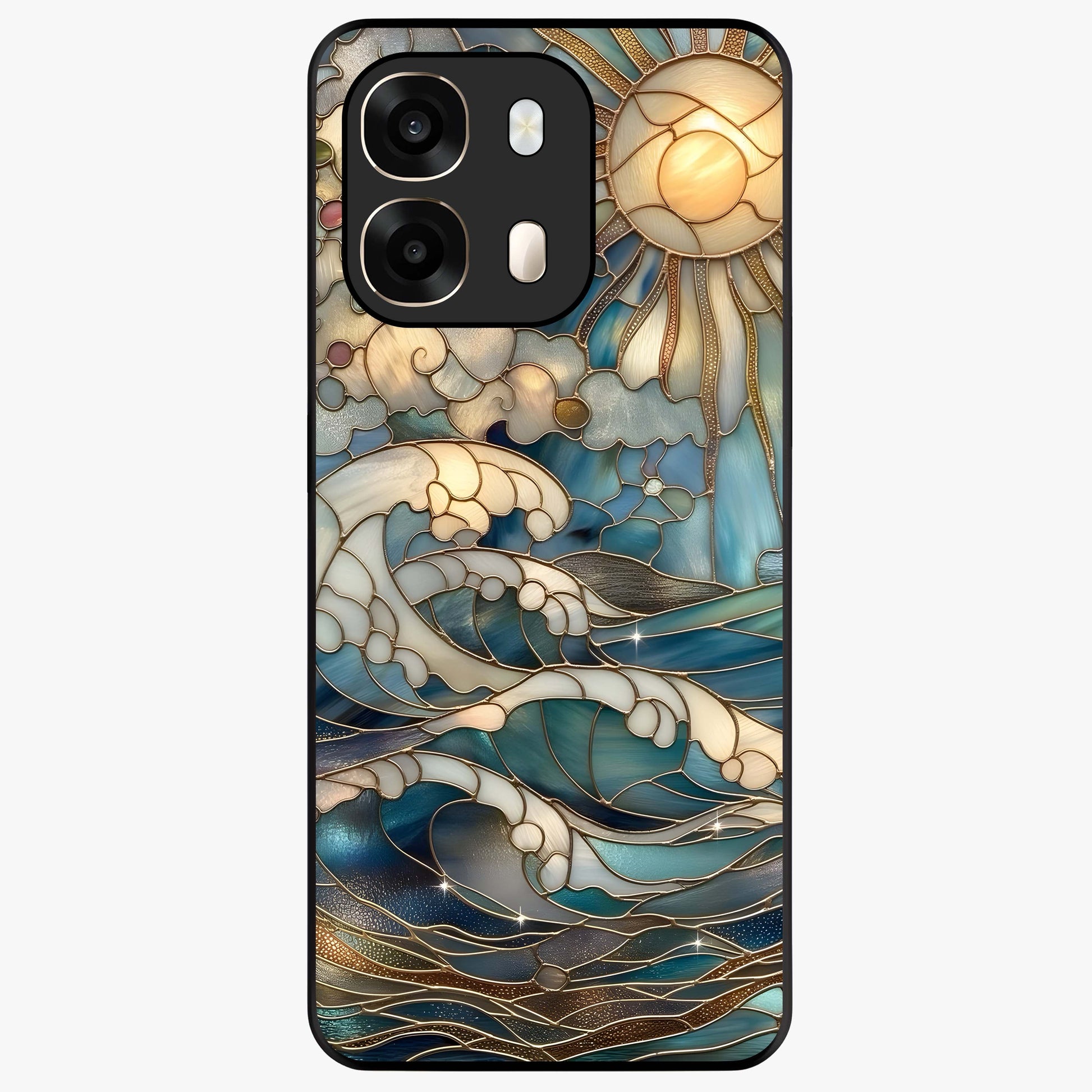 Oceanic Stained Printed Glass Case showing flat back view with ocean inspired stained pattern artwork and glossy glass finish.