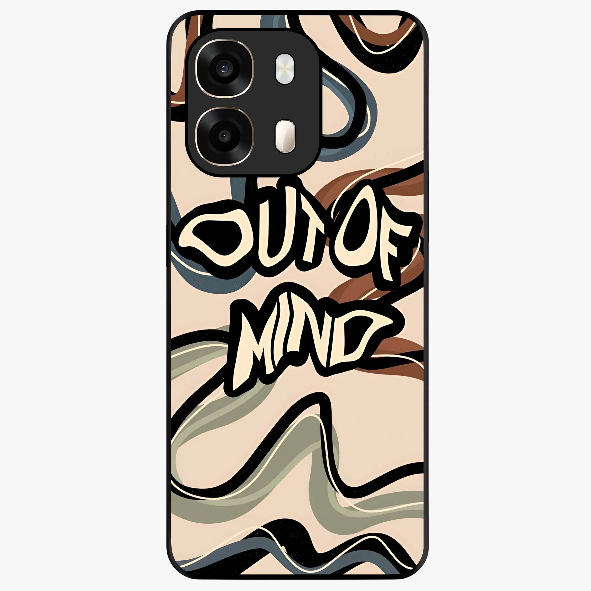 Out Of Mind Glass Case showing flat back view with expressive typography artwork and glossy glass finish.