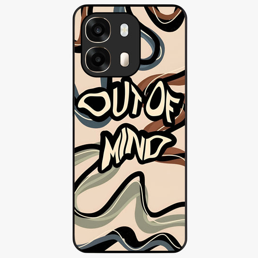 Out Of Mind Glass Case showing flat back view with expressive typography artwork and glossy glass finish.