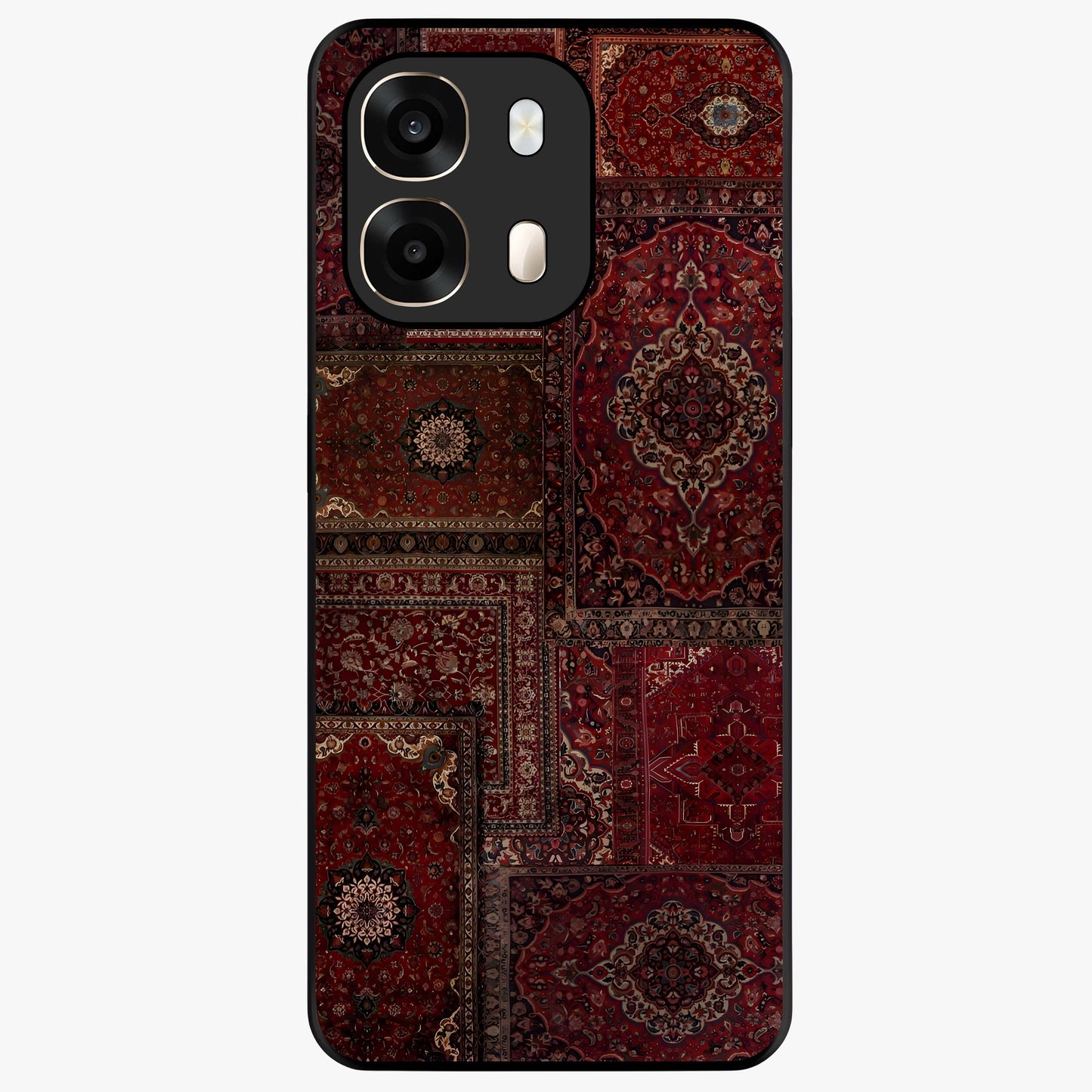 Persian Velvet Tale Glass Case showing flat back view with luxurious Persian velvet pattern artwork and glossy glass finish.