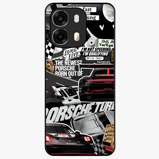 Porsche Racing Collage Glass Case showing flat back view with sports car racing collage artwork and glossy glass finish.