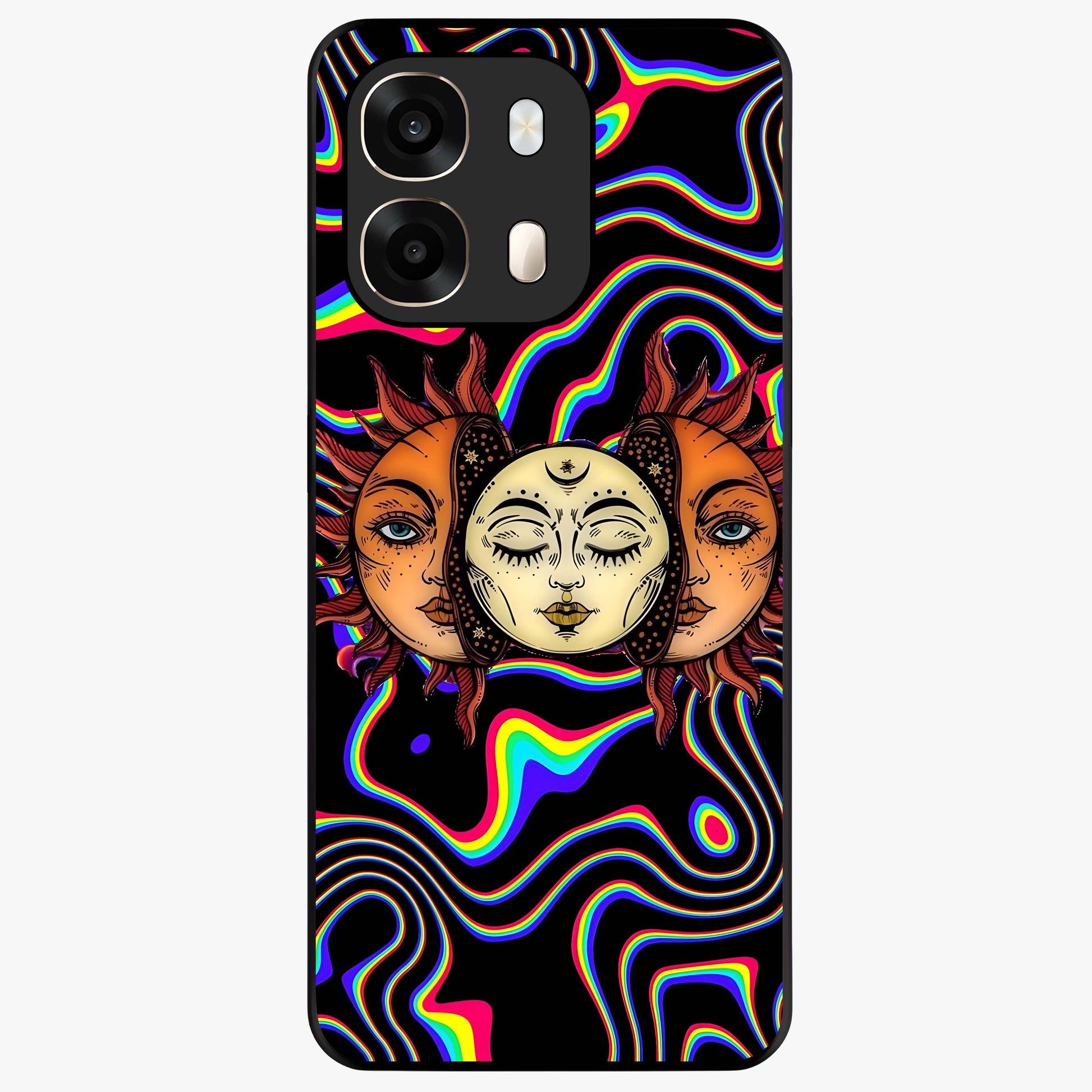 Psychedelic Sun Glass Case showing flat back view with colorful psychedelic sun artwork and glossy glass finish.