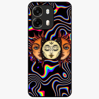 Psychedelic Sun Glass Case showing flat back view with colorful psychedelic sun artwork and glossy glass finish.