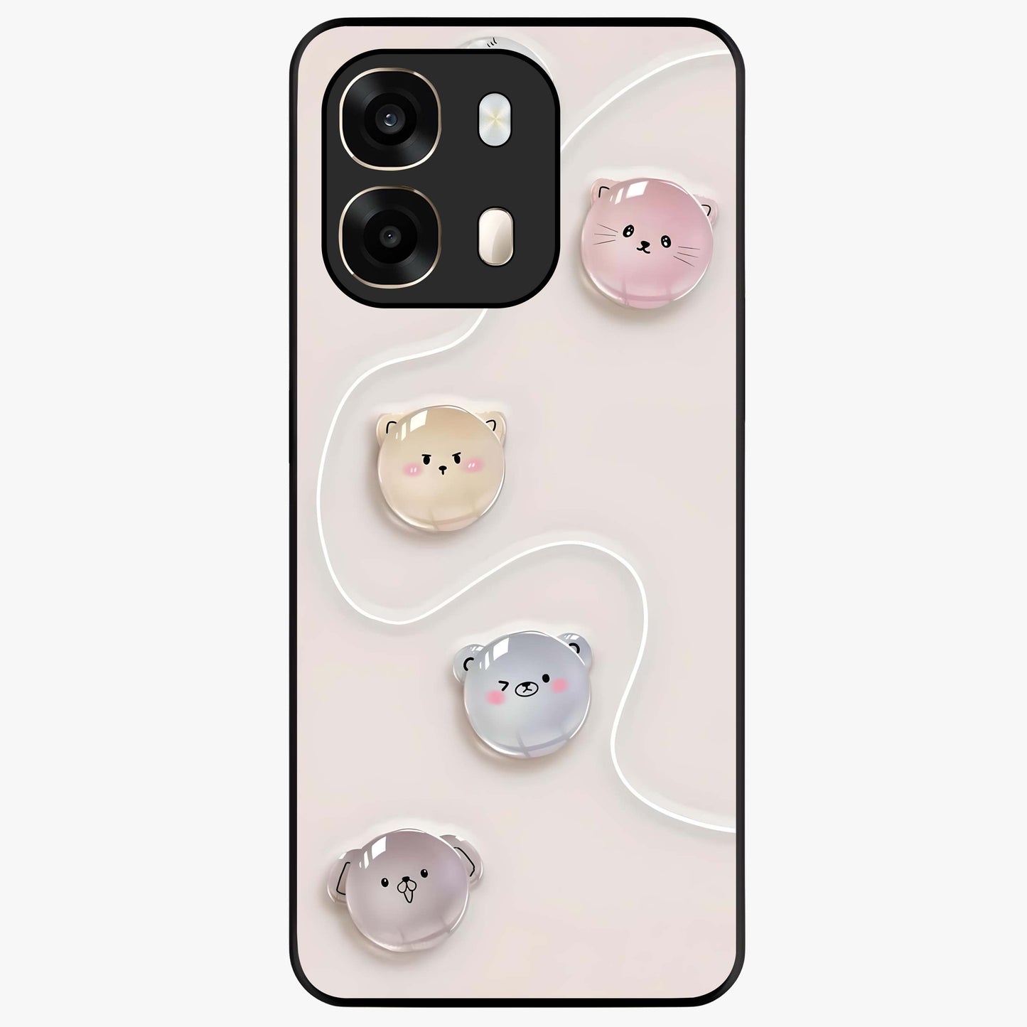 Puffy Face Parade Glass Case showing flat back view with cute puffy character faces artwork and glossy glass finish.