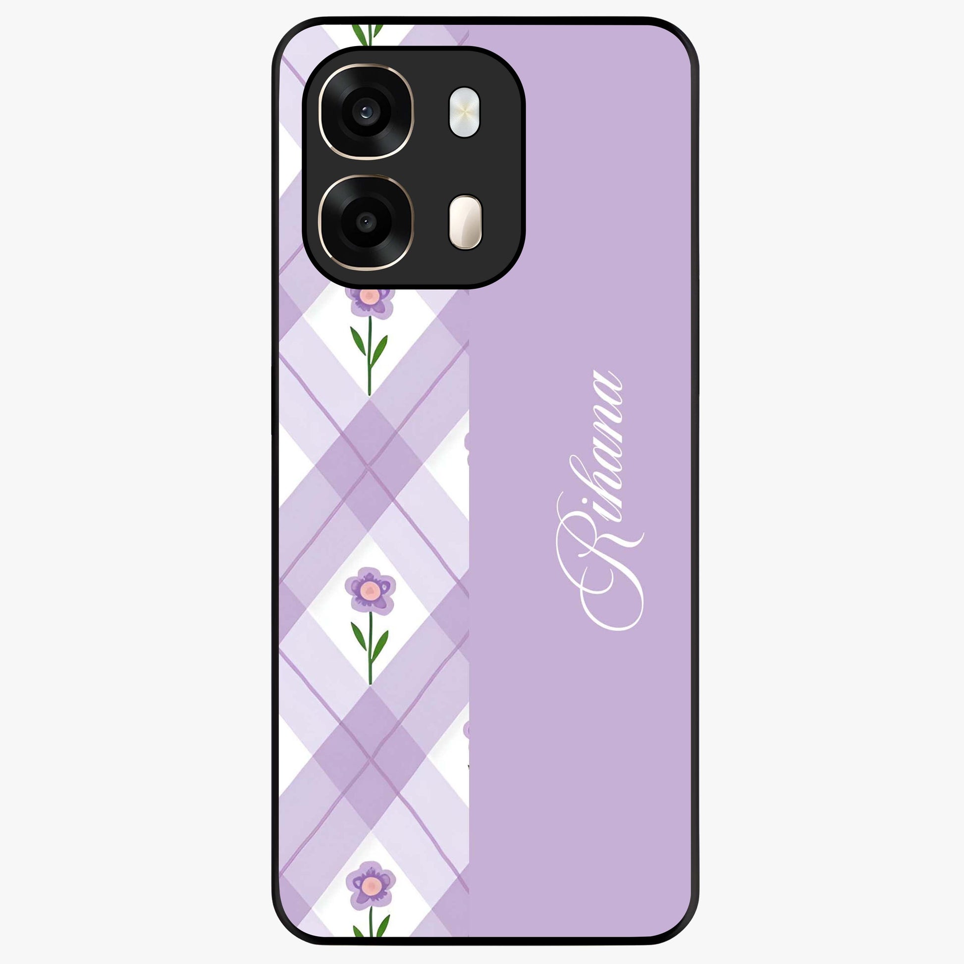 Purple Diamond Floral Glass Case showing flat back view with diamond shaped floral artwork and glossy glass finish.