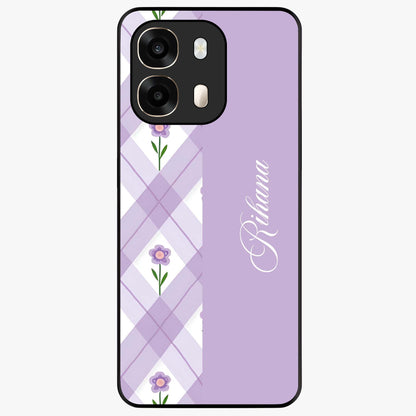 Purple Diamond Floral Glass Case showing flat back view with diamond shaped floral artwork and glossy glass finish.