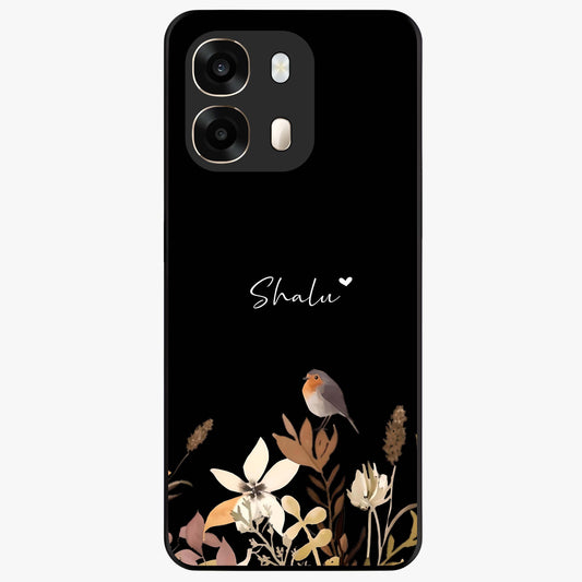 Quiet Garden Tune Custom Name Glass Case showing flat back view with peaceful garden artwork and personalized name design.