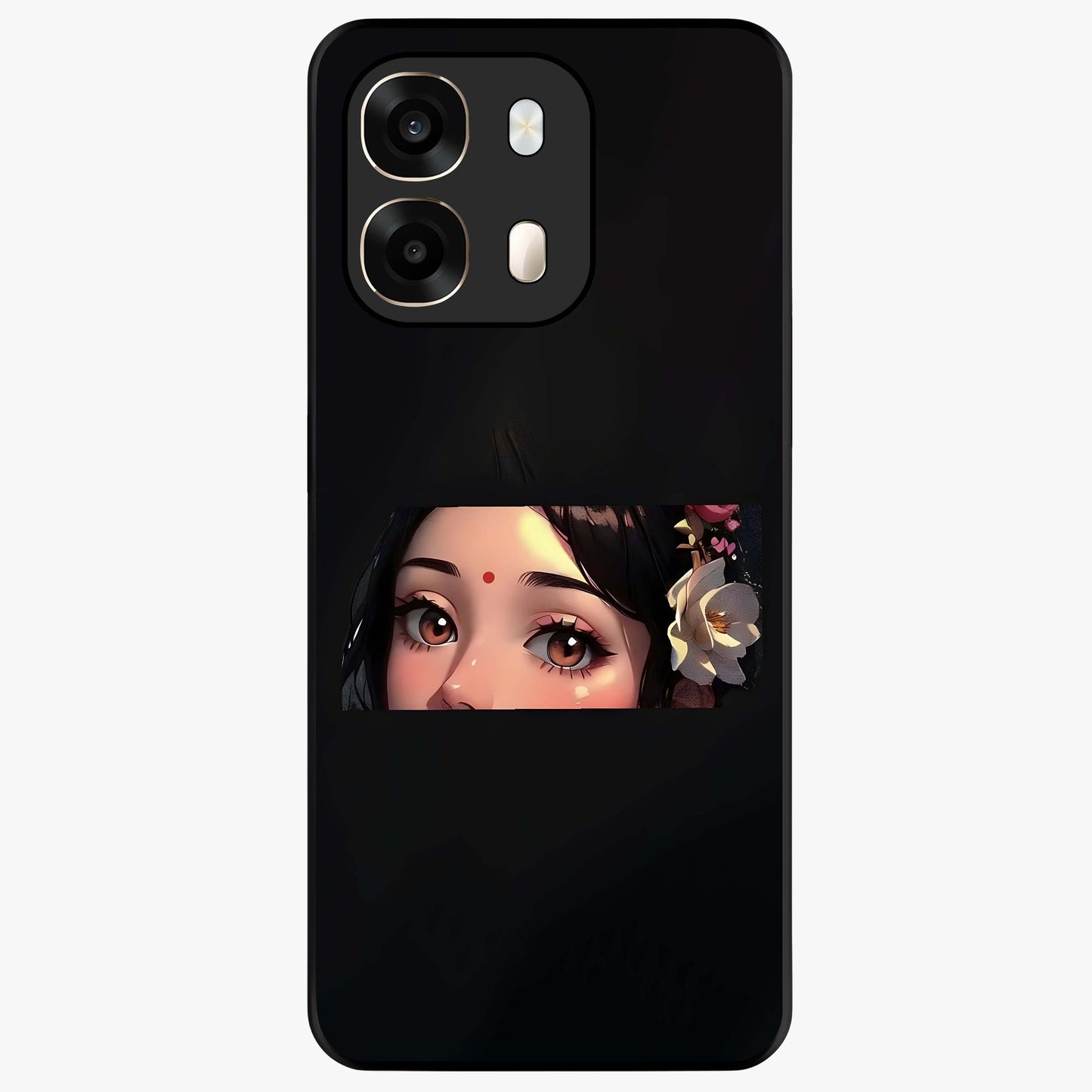 Radha Divine Embrace Glass Case showing flat back view with devotional Radha artwork and glossy glass finish.