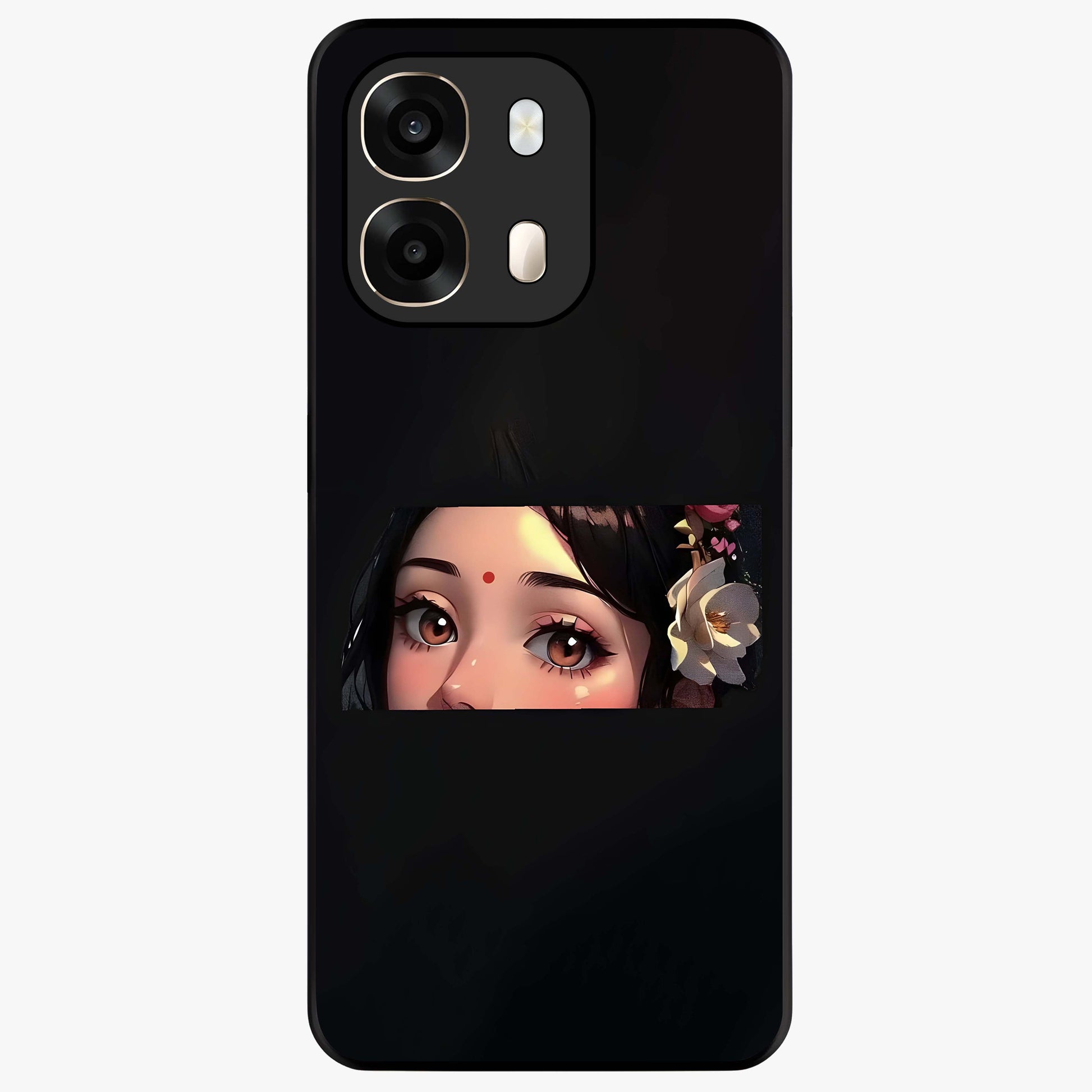 Radha Divine Embrace Glass Case showing flat back view with devotional Radha artwork and glossy glass finish.