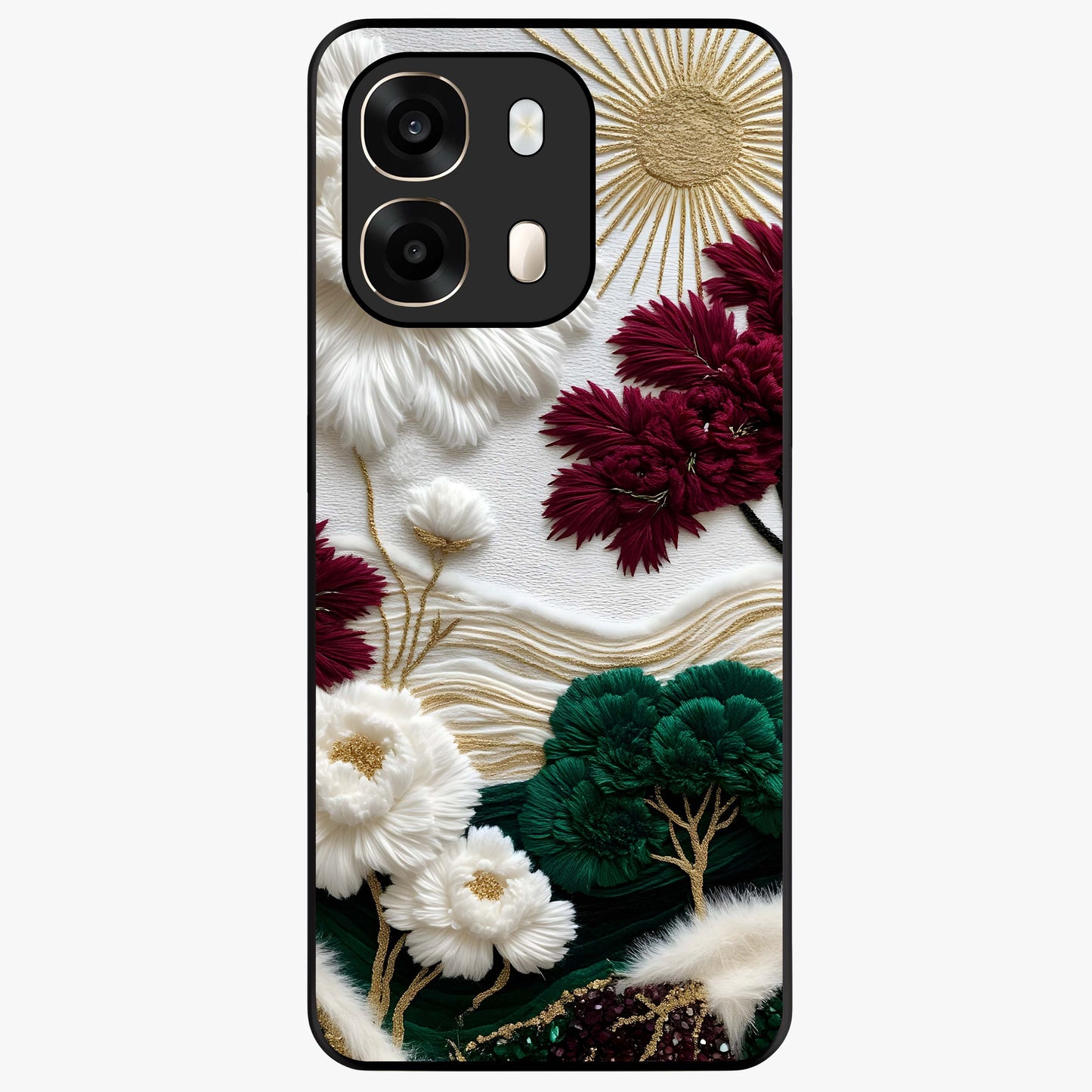 Radiant Bloom Elegance Glass Case showing flat back view with elegant blooming flower artwork and glossy glass finish.