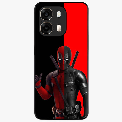 Red & Black Deadpool Theme Glass Case showing flat back view with bold comic inspired artwork and glossy glass finish.