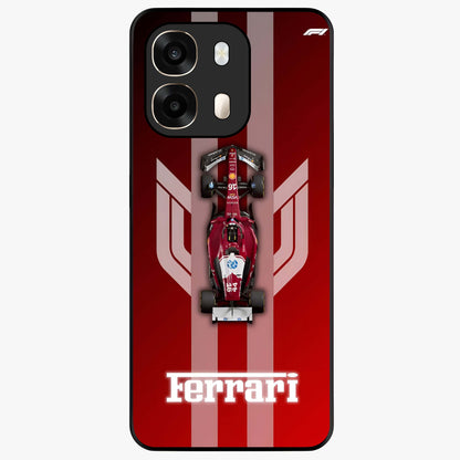 Red Ferrari F1 Vertical Glass Case showing flat back view with sleek Formula racing car artwork and glossy glass finish.