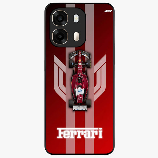 Red Ferrari F1 Vertical Glass Case showing flat back view with sleek Formula racing car artwork and glossy glass finish.