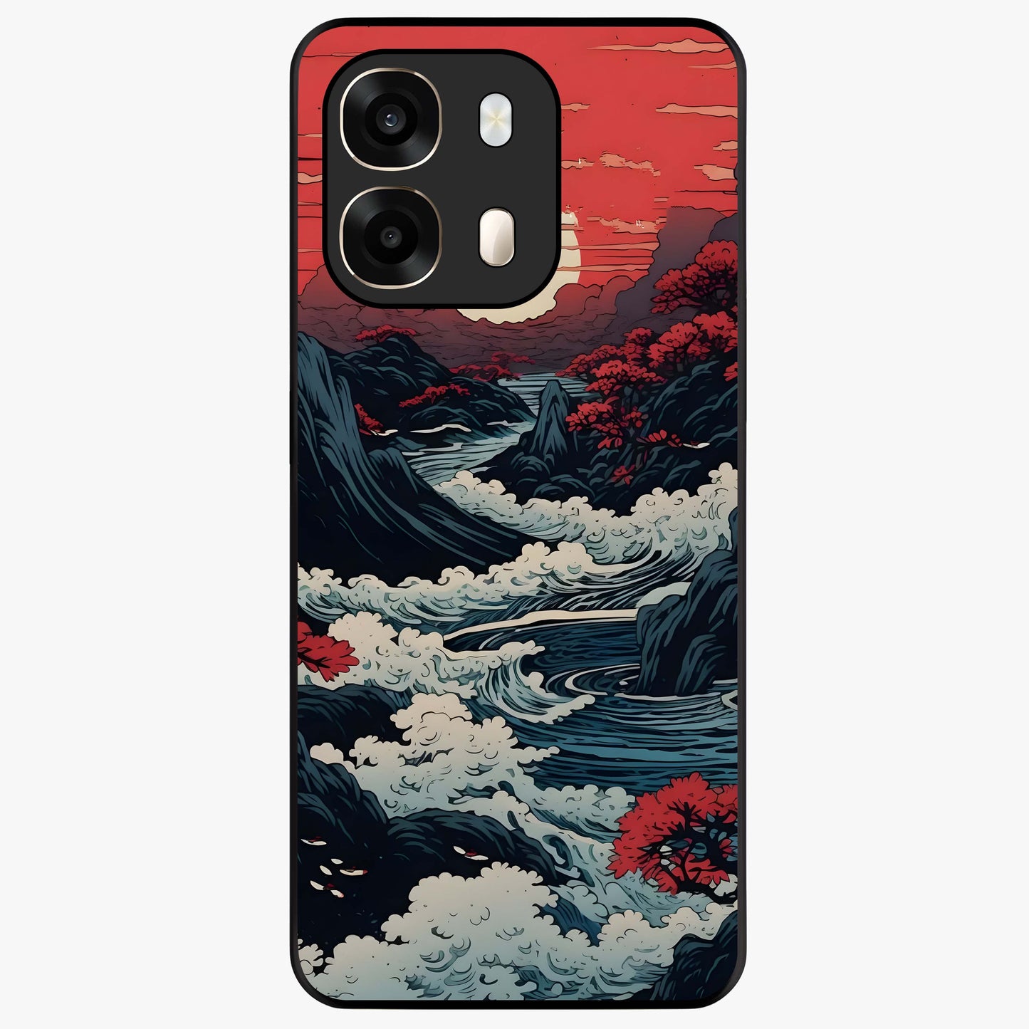 Red Sunset Scenery Glass Case showing flat back view with vibrant sunset landscape artwork and glossy glass finish.