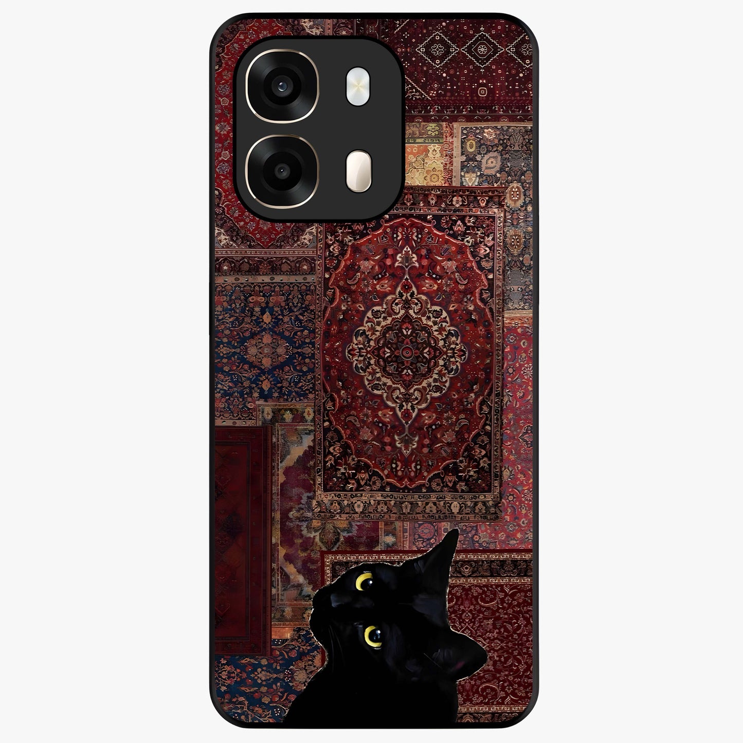 Regal Magic Cat Apple Glass Case showing flat back view with magical cat artwork holding apple and glossy glass finish.