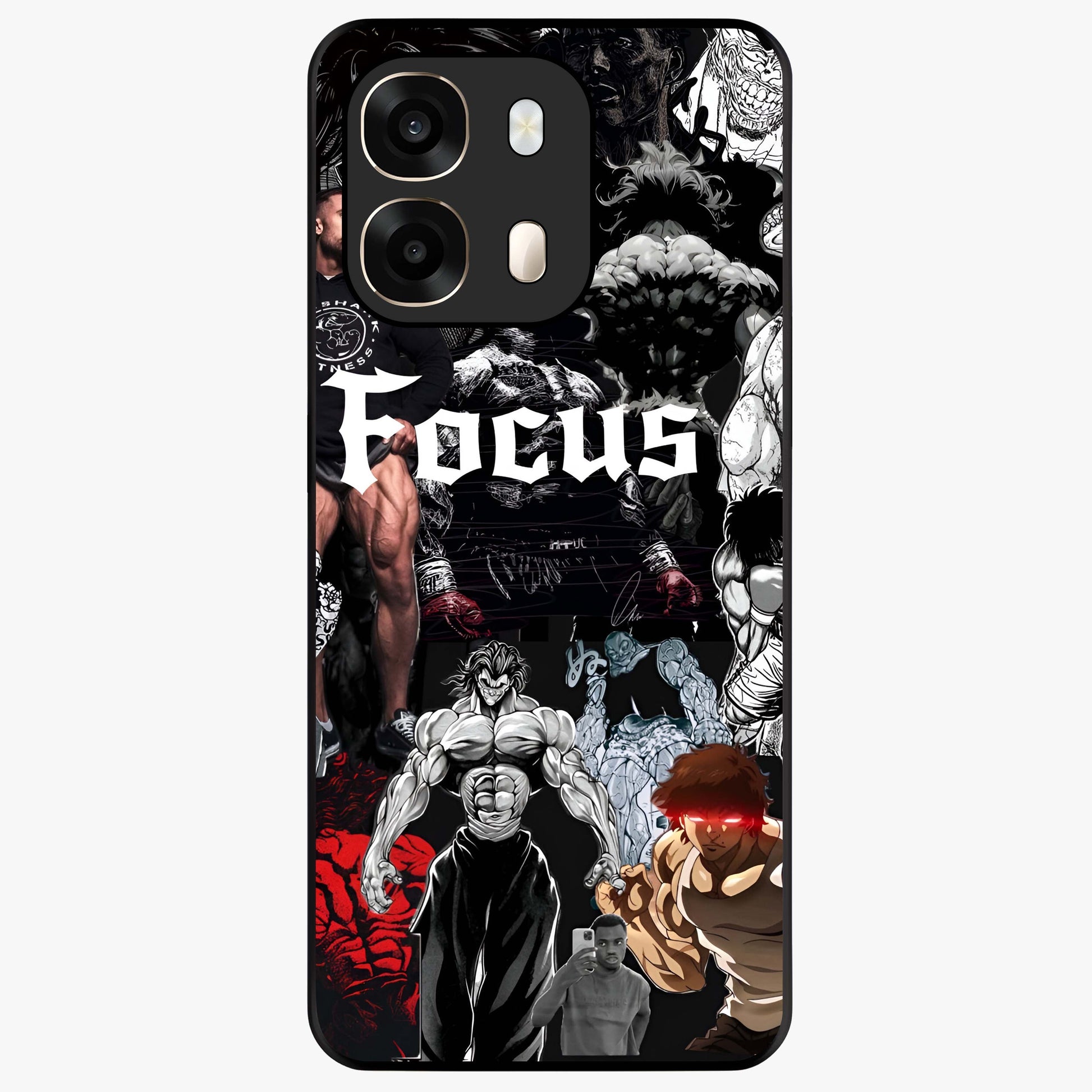 Relentless Power Focus Glass Case showing flat back view with motivational typography artwork and glossy glass finish.