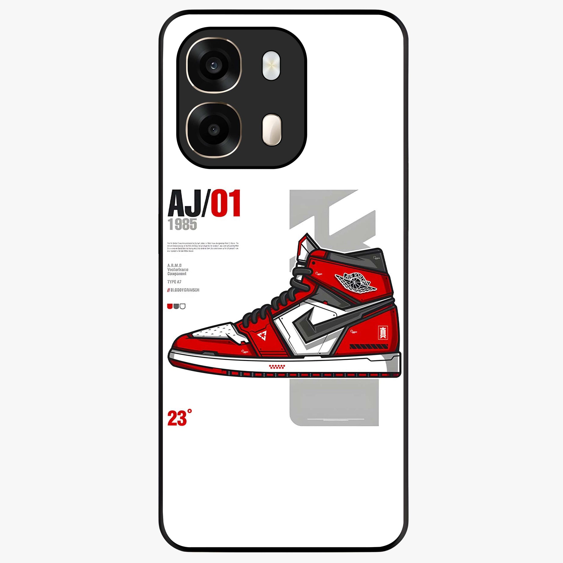 Retro Sneaker Blueprint Glass Case showing flat back view with sneaker blueprint style artwork and glossy glass finish.