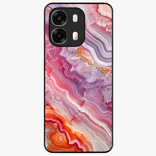 Rose Quartz Marble Glass Case showing flat back view with pink marble quartz texture artwork and glossy glass finish.