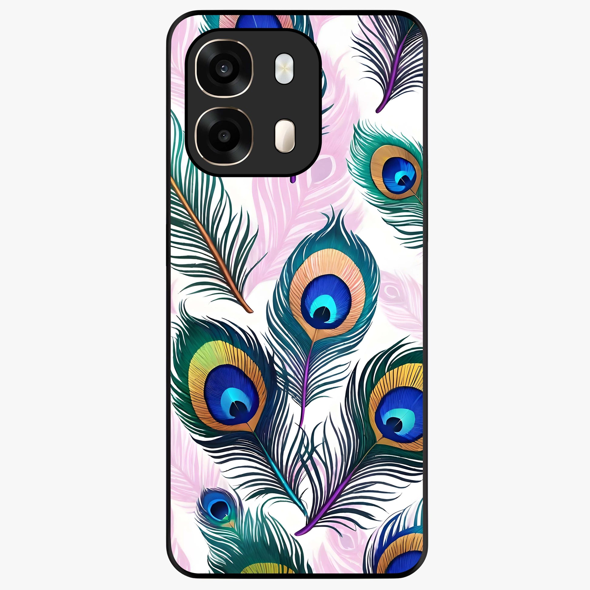 Royal Peacock Feathers Glass Case showing flat back view with colorful peacock feather artwork and glossy glass finish.