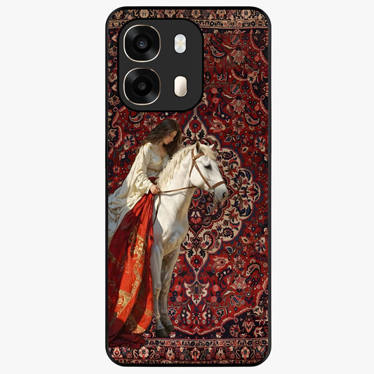 Royal Rider Tapestry Glass Case showing flat back view with majestic horse rider tapestry artwork and glossy glass finish.