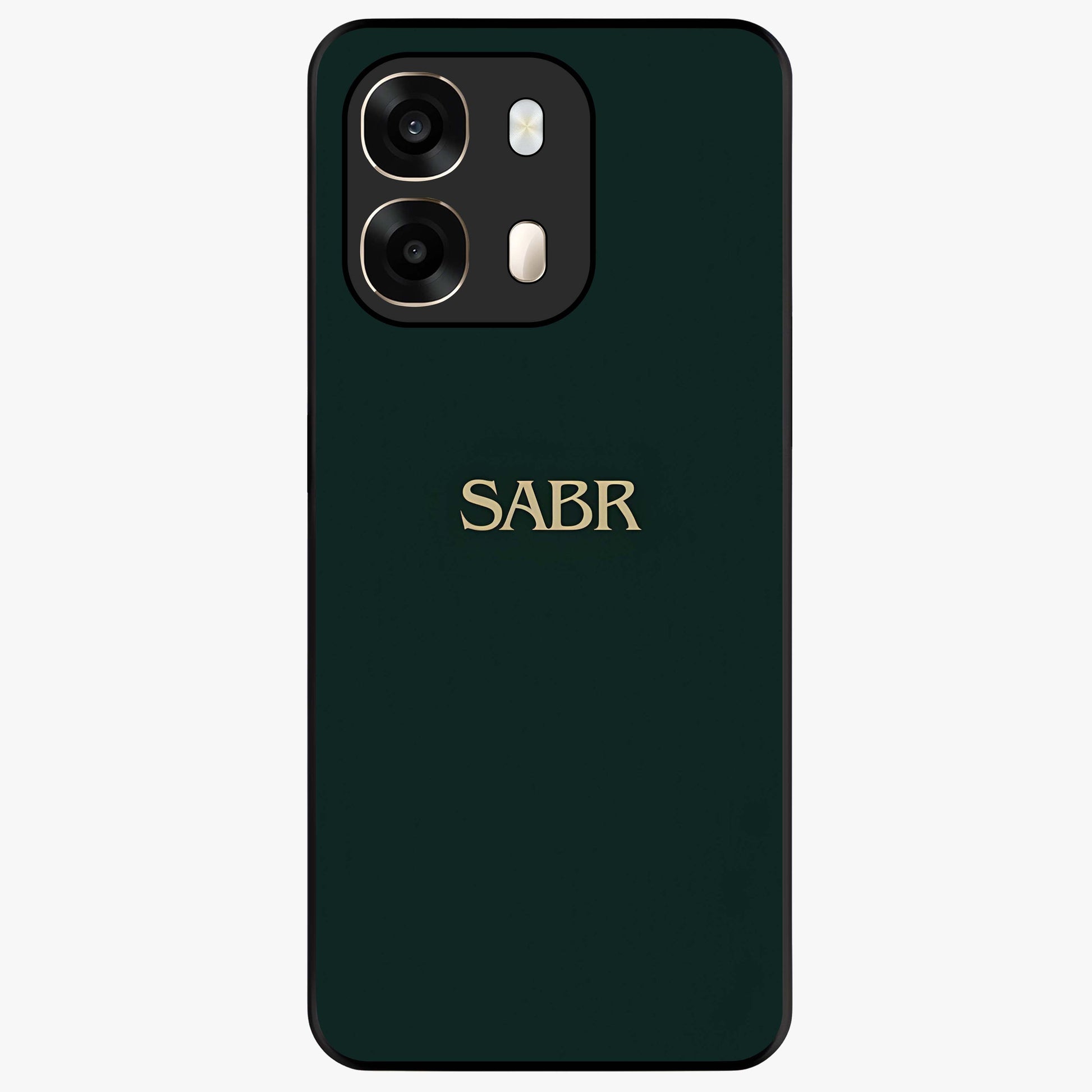 Sabr Minimal Patience Glass Case showing flat back view with minimalist typography artwork and glossy glass finish.