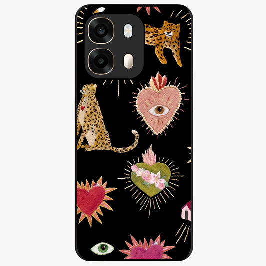 Sacred Jungle Heart Glass Case showing flat back view with jungle inspired heart artwork and glossy glass finish.