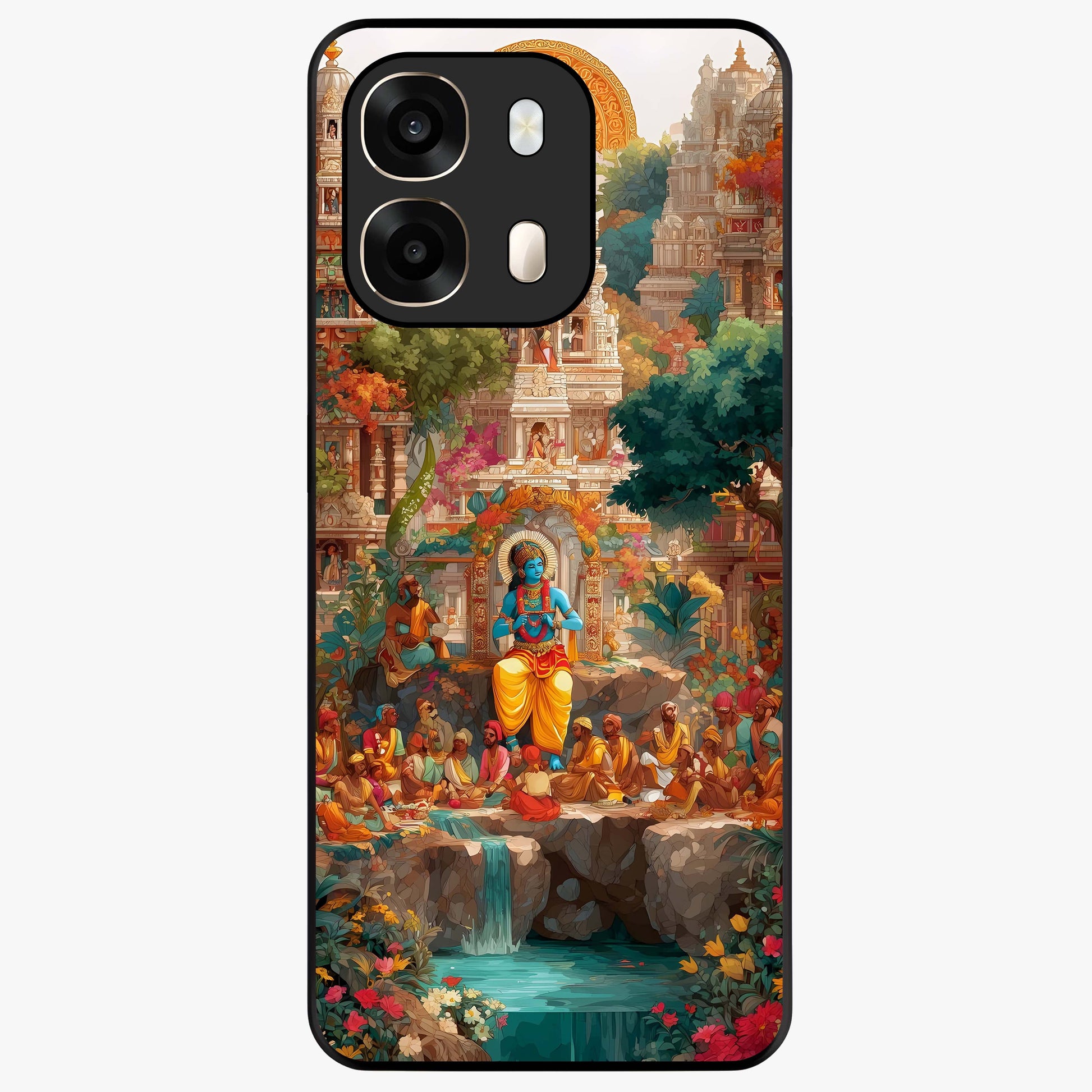 Sacred Sunlight Gods Glass Case showing flat back view with divine sunlight themed artwork and glossy glass finish.