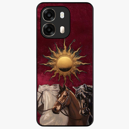 Solar Riders Glass Case showing flat back view with dynamic rider themed artwork and glossy glass finish.