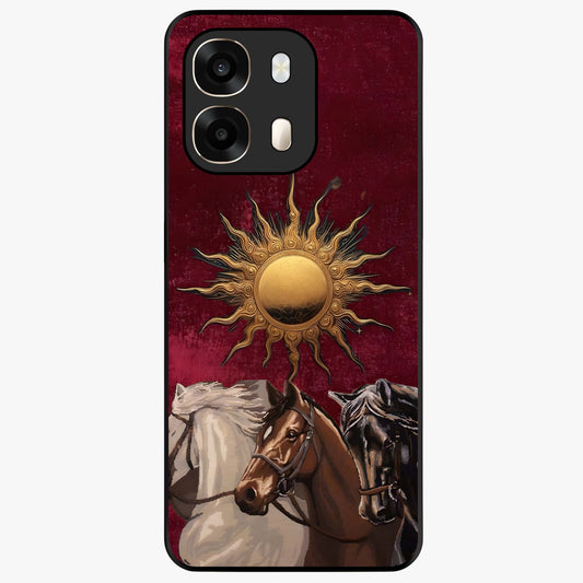 Solar Riders Glass Case showing flat back view with dynamic rider themed artwork and glossy glass finish.