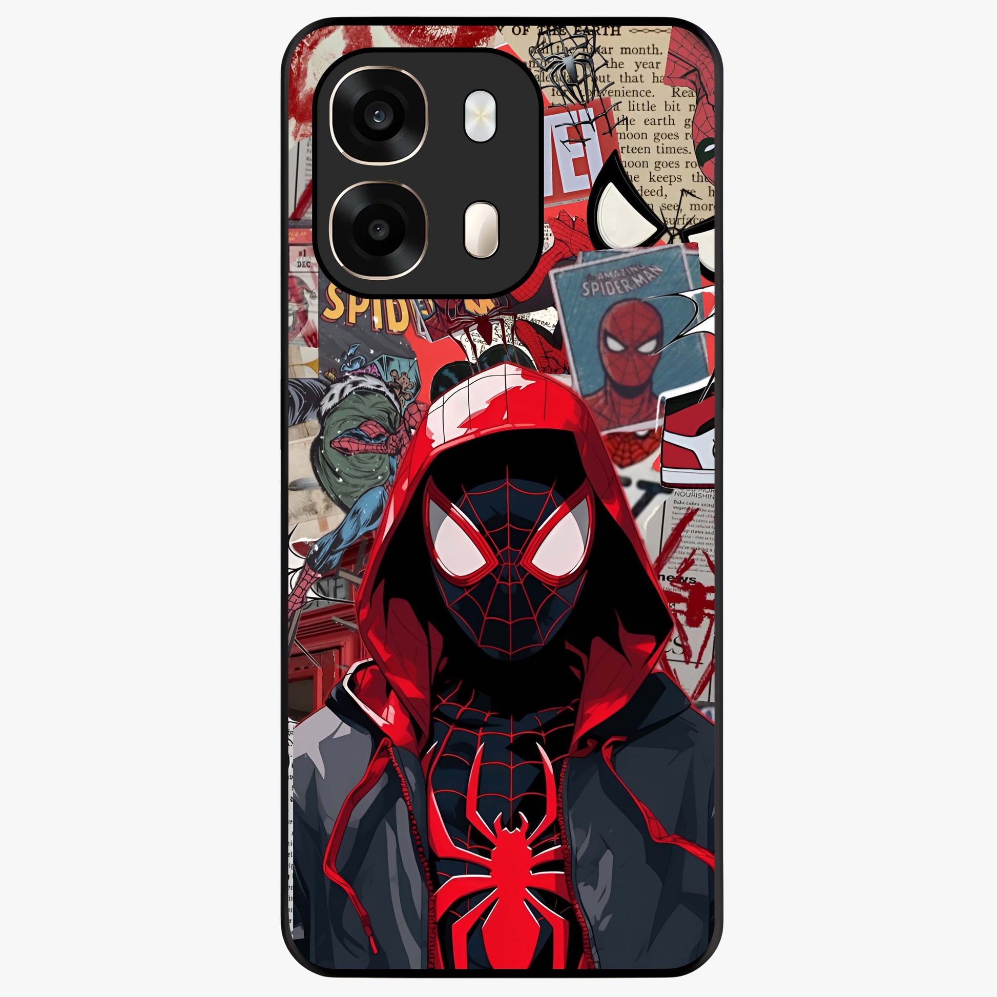 Spider Collage Street Glass Case showing flat back view with vibrant superhero collage artwork and glossy glass finish.