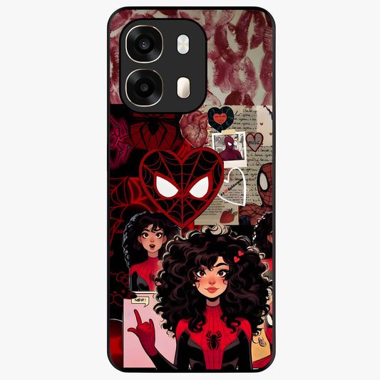 Spider Love Story Glass Case showing flat back view with romantic superhero themed artwork and glossy glass finish.