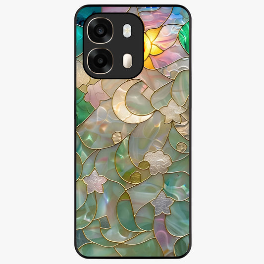 Stained Sunrise Glow Glass Case showing flat back view with glowing sunrise stained pattern artwork and glossy glass finish.