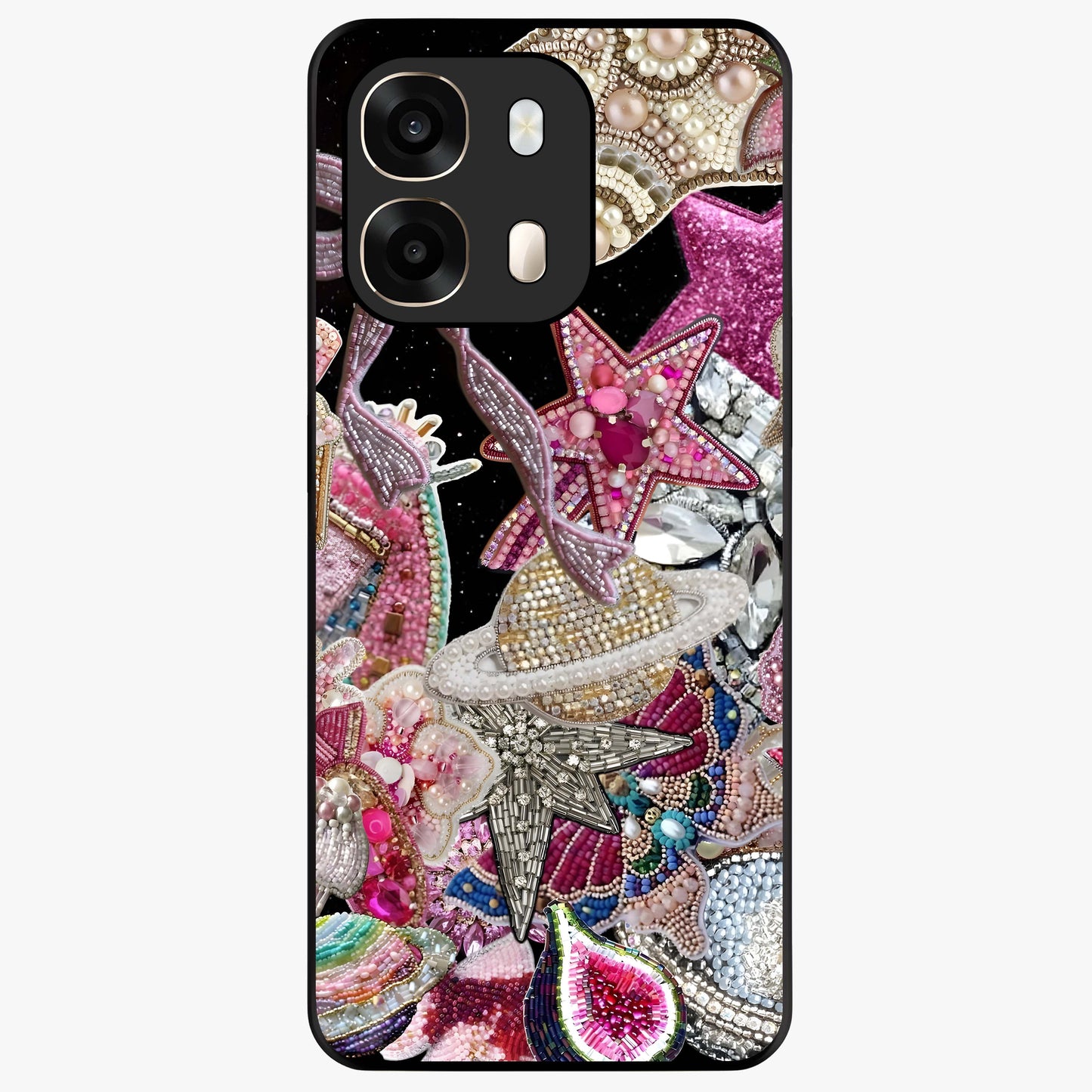 Starlit Jewel Dream Glass Case showing flat back view with sparkling jewel and star themed artwork and glossy glass finish.