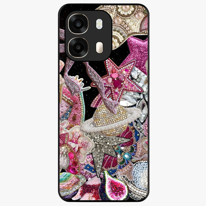 Starlit Jewel Dream Glass Case showing flat back view with sparkling jewel and star themed artwork and glossy glass finish.