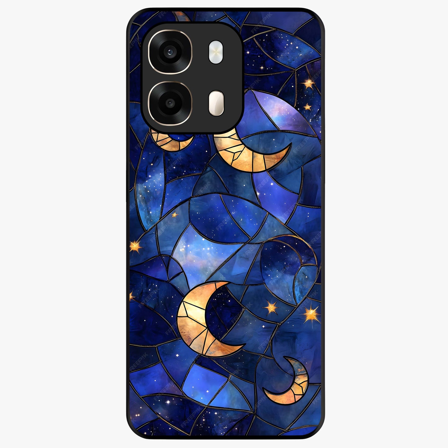 Starlit Sky Tapestry Glass Case showing flat back view with decorative starry sky tapestry artwork and glossy glass finish.
