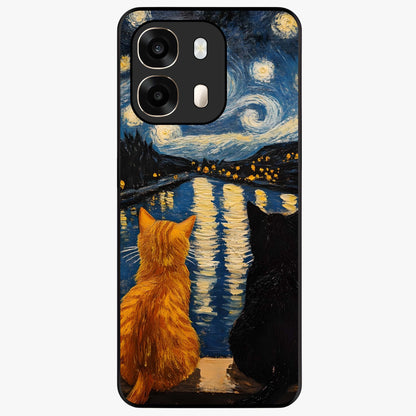 Starry River Cats Glass Case showing flat back view with cats by a starry river artwork and glossy glass finish.