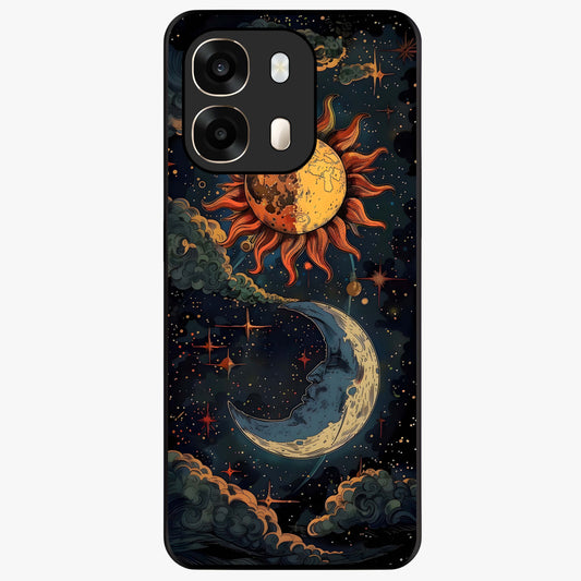 Sun And Moon Magic Design Glass Case showing flat back view with mystical sun and moon artwork and glossy glass finish.