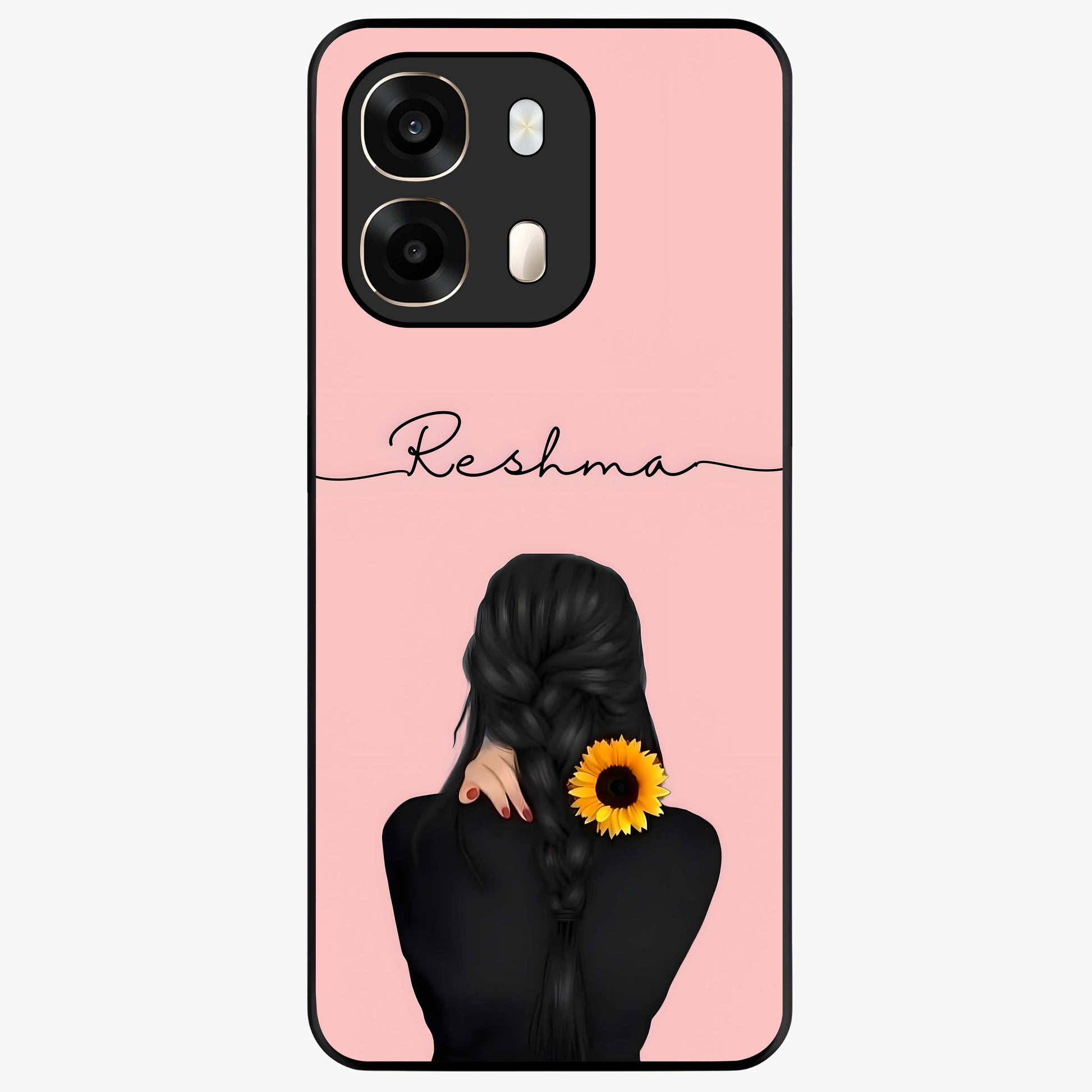 Sunflower Braid Beauty With Custom Name Glass Case showing flat back view with sunflower braid artwork and personalized name design.