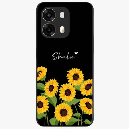 Sunflower Chic Mood Custom Name Glass Case showing flat back view with stylish sunflower artwork and personalized name design.