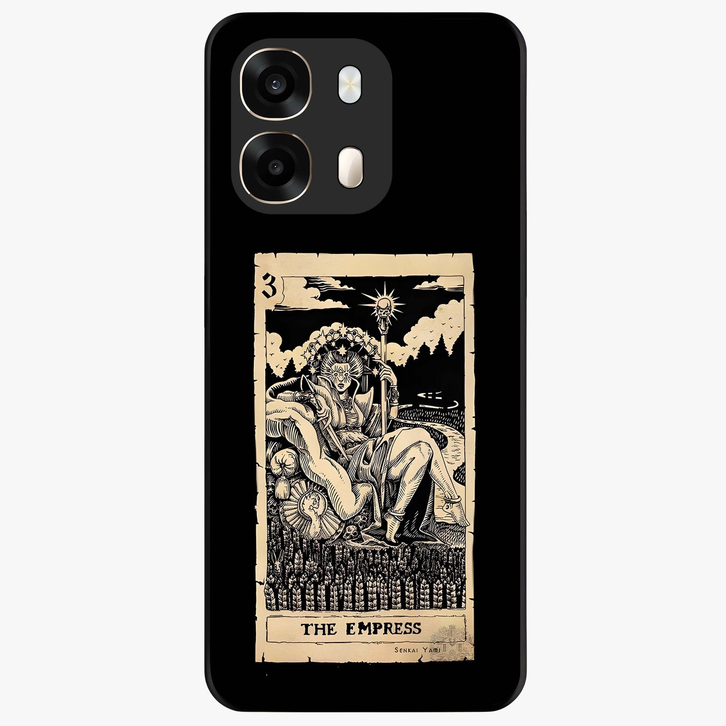 The Empress Glass Case showing flat back view with regal feminine artwork and glossy glass finish.