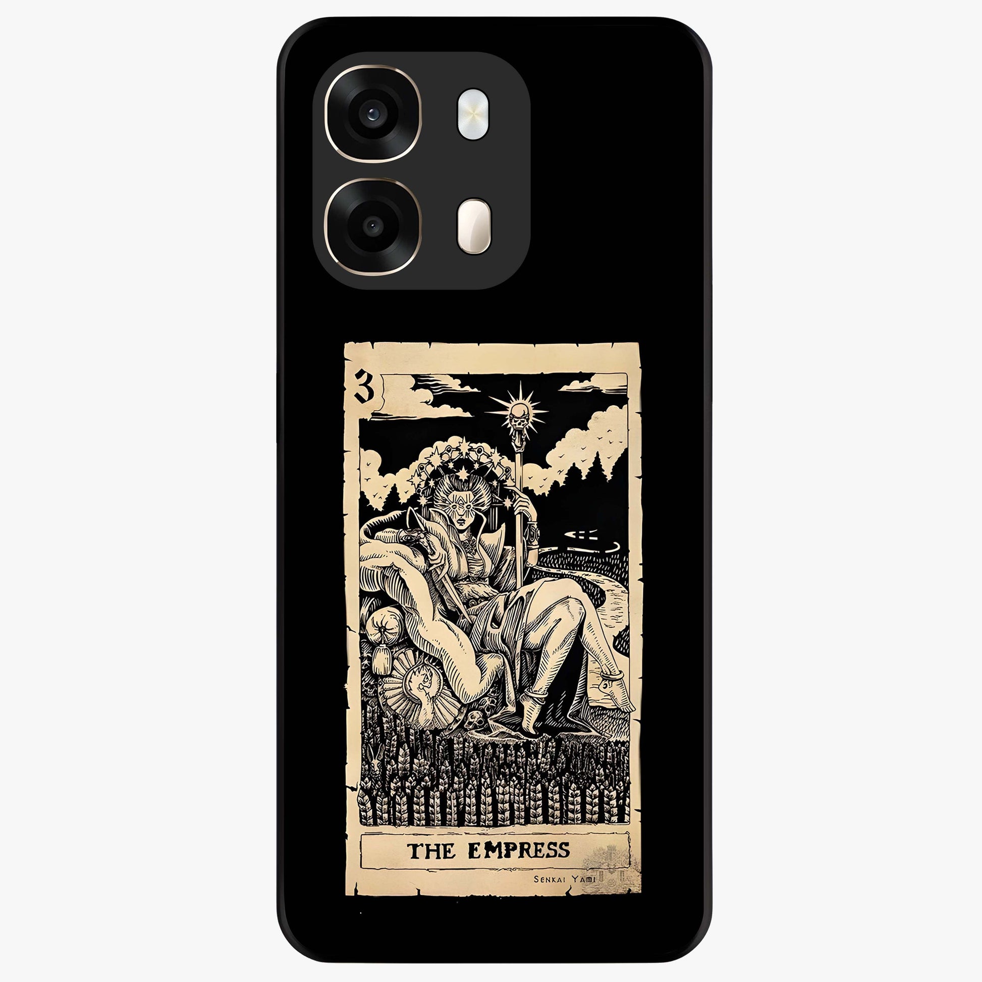 The Empress Glass Case showing flat back view with regal feminine artwork and glossy glass finish.