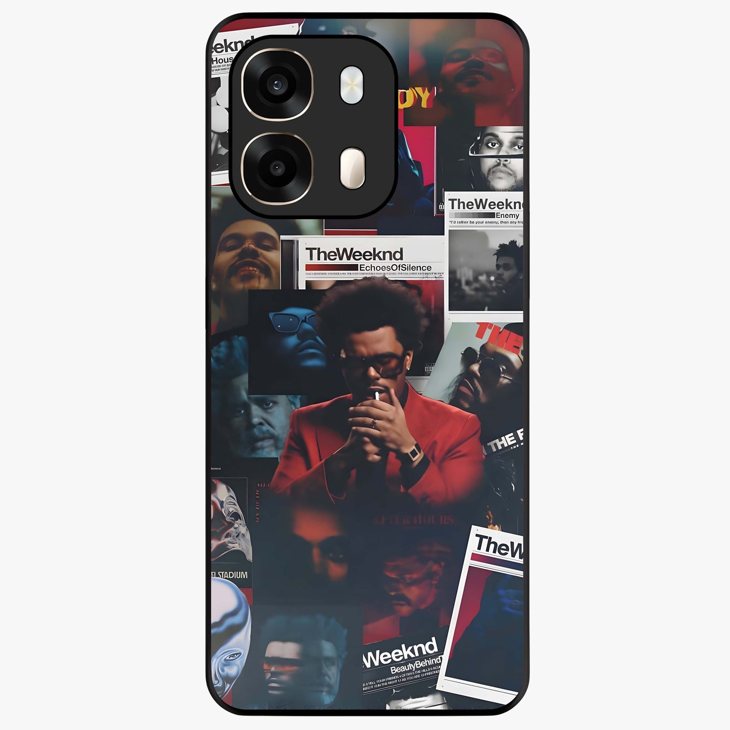 The Weeknd Glass Case showing flat back view with music inspired artistic portrait artwork and glossy glass finish.