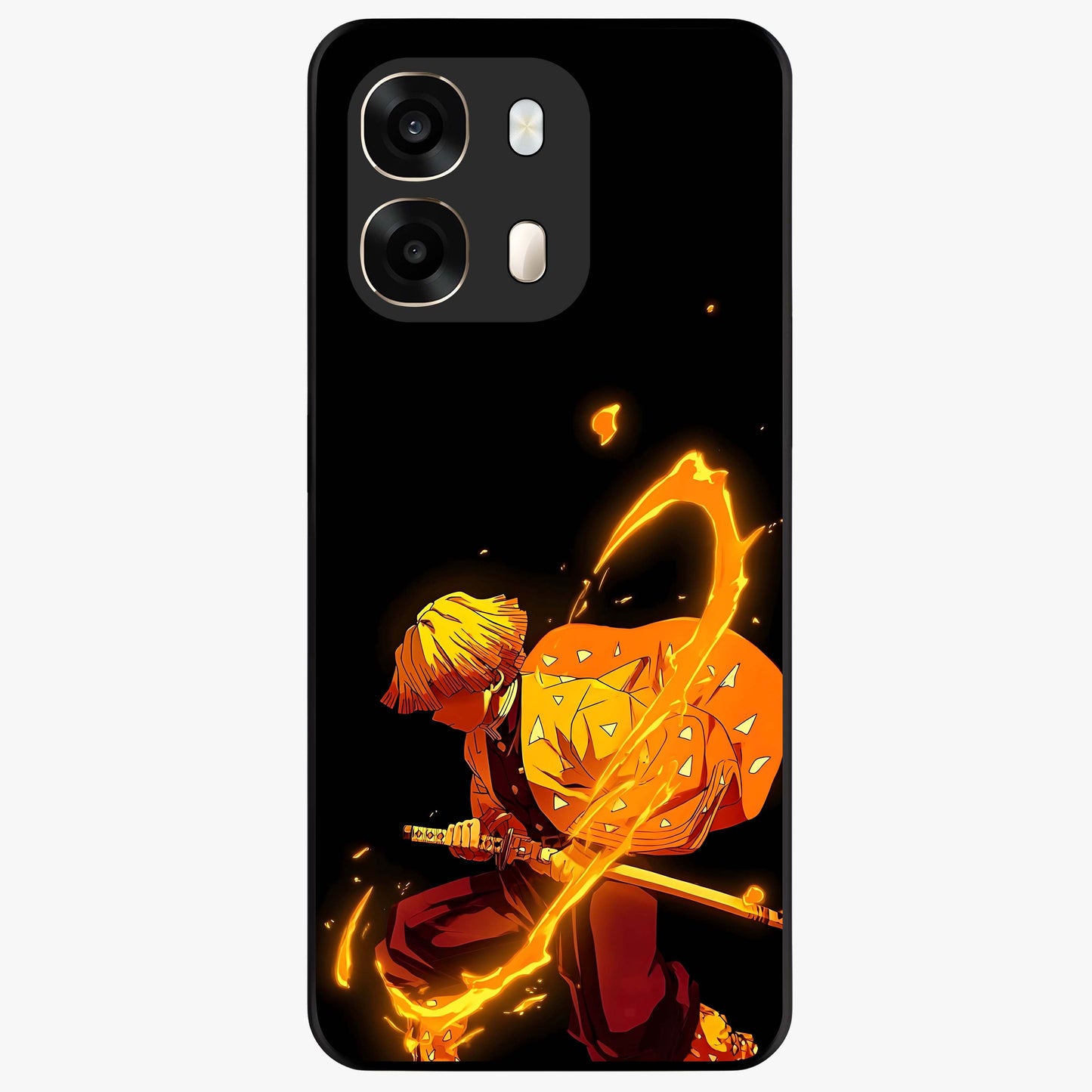 Thunder Flame Execution Glass Case showing flat back view with powerful flame and lightning artwork and glossy glass finish.