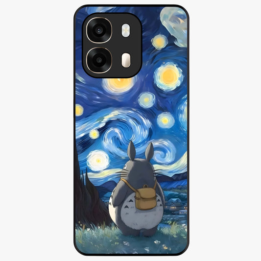 Totoro In Van Gogh Art Glass Case showing flat back view with whimsical character artwork inspired by Van Gogh style and glossy glass finish.