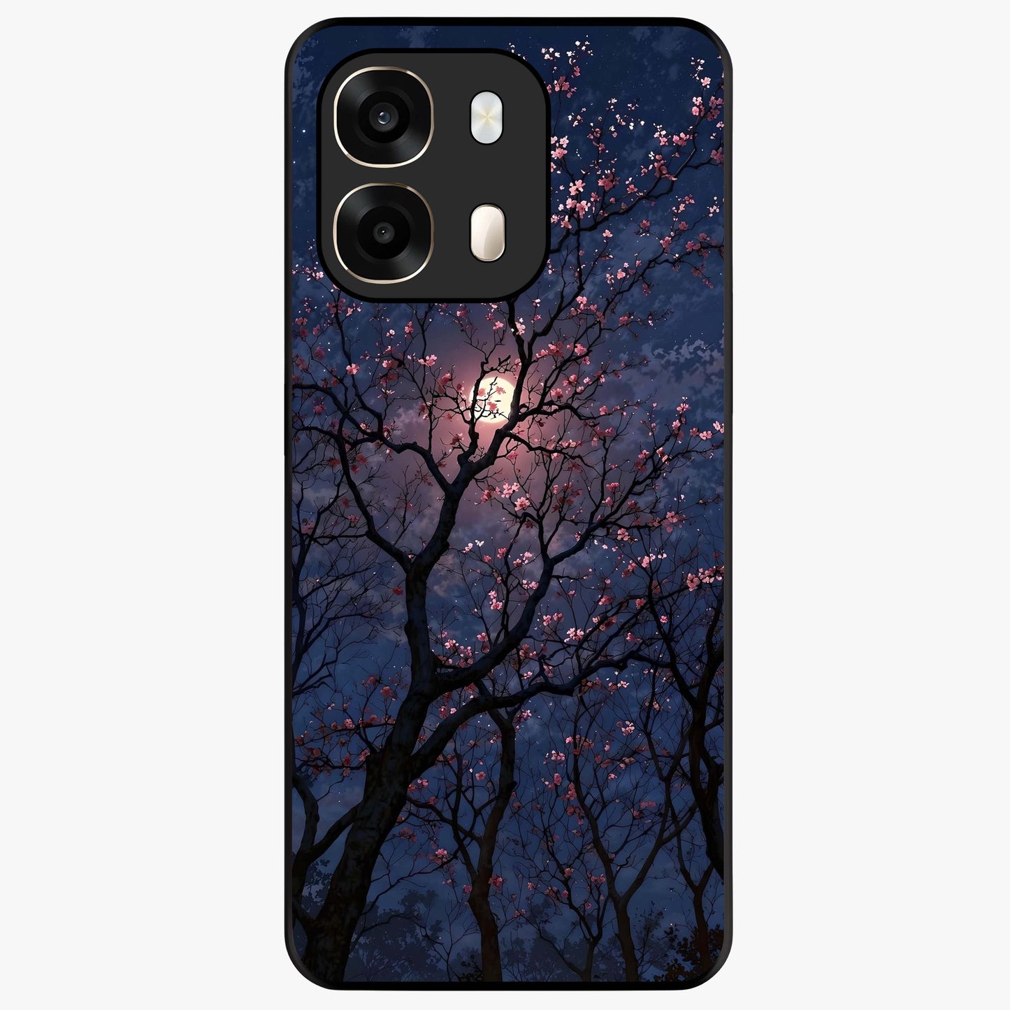 Twilight Sakura Serenade Glass Case showing flat back view with cherry blossom artwork at twilight and glossy glass finish.